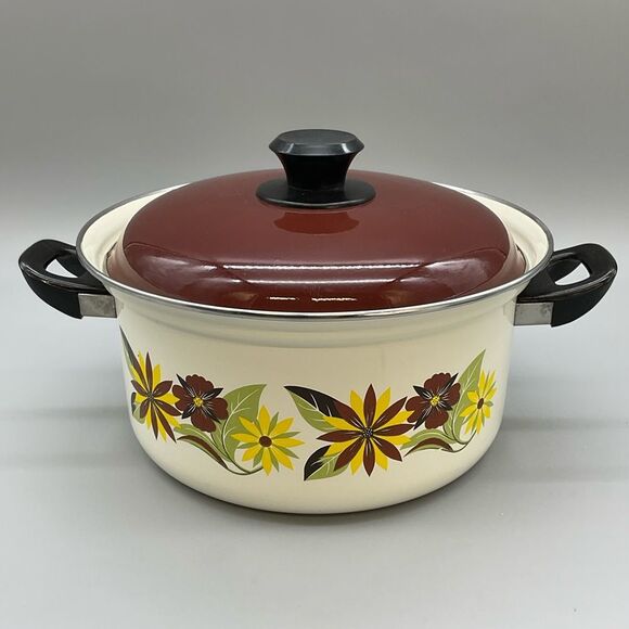 70s Floral Enamel Ware Dutch Oven Stock Pot Double Handle MCM - Picture 1 of 9